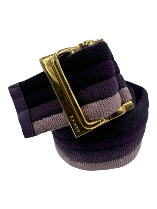 Gucci Purple & Gold Fabric Striped Ribbed Pull Through Square Buckle Belts Purple & Gold / 34