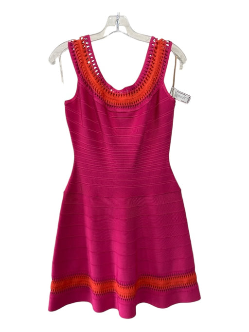 Herve Leger Size L Pink & Orange Rayon Blend Bandage Cut Out Knee Length Dress Pink & Orange / L