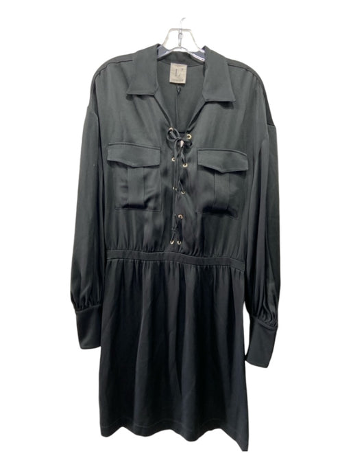 L'autre Chose Size 46/L Black Acetate Blend Laces Pockets Long Puff Sleeve Dress Black / 46/L