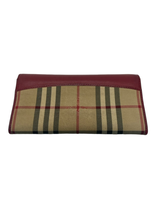 Burberry Red, Black, Tan Leather & Canvas Snap Button Closure Plaid Zip Wallets Red, Black, Tan