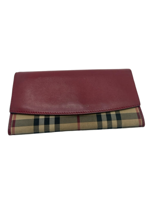 Burberry Red, Black, Tan Leather & Canvas Snap Button Closure Plaid Zip Wallets Red, Black, Tan