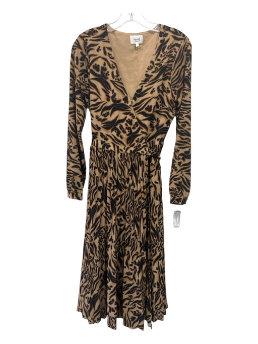 Seed Heritage Size 8 Black, Brown, Tan Polyester Blend Long Sleeve Wrap Dress Black, Brown, Tan / 8