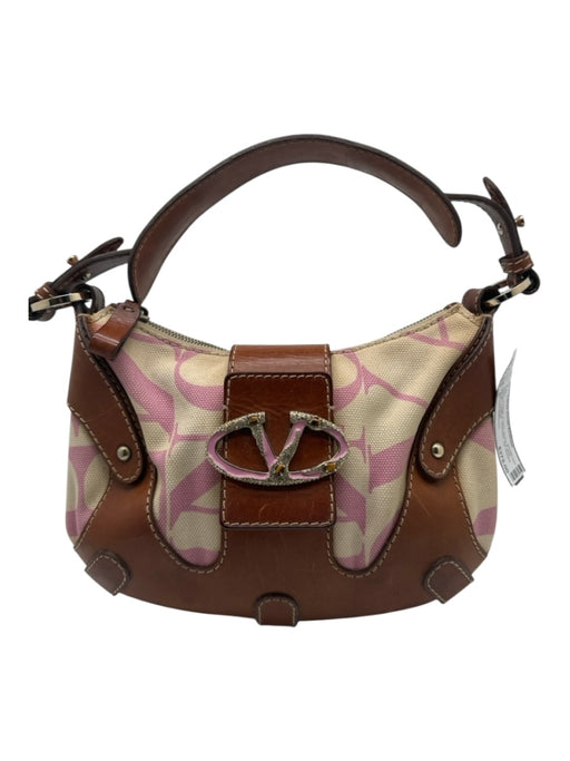 Valentino Garavani Cream, brown & pink Canvas Leather Shoulder Zip closure Bag Cream, brown & pink / S