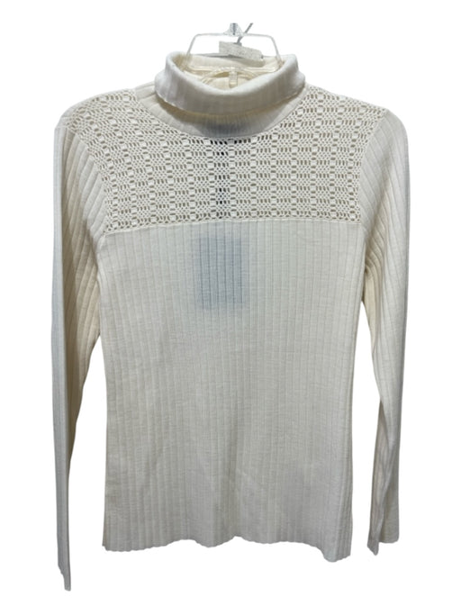 Paule Ka Size M Cream Wool Ribbed Knit Crochet Lace Turtleneck Sweater Cream / M