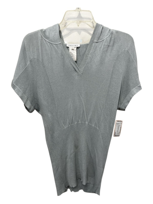 Celine Size L Pale Blue Silk Blend V Neck Short Sleeve Hooded Top Pale Blue / L