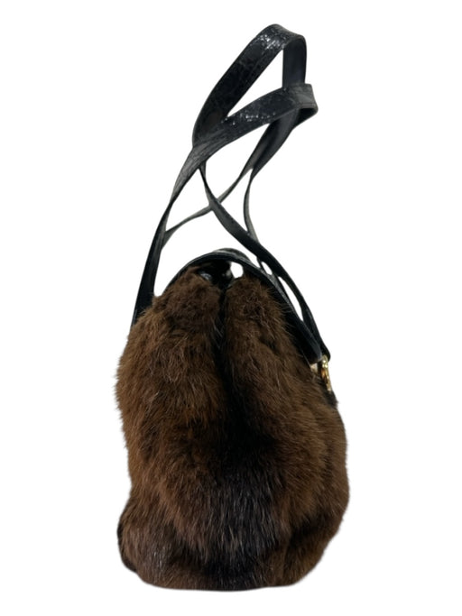 Dolce & Gabbana Black & Brown Crocodile Leather Mink Fur Accent Flap Bag Black & Brown / Small