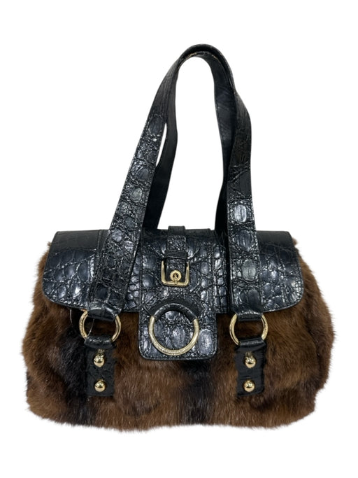 Dolce & Gabbana Black & Brown Crocodile Leather Mink Fur Accent Flap Bag Black & Brown / Small