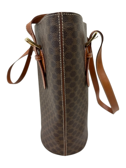 Celine Brown Coated Canvas Leather trim Monogram buckle straps Bucket Bag Brown / Medium
