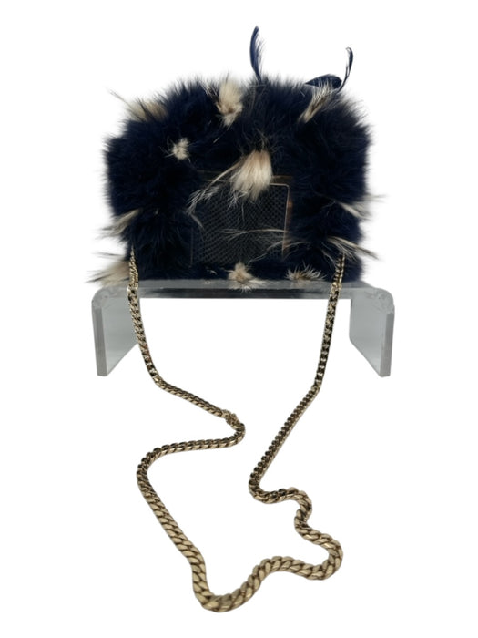 Jimmy Choo Navy blue & Cream Python Fox Fur feathers Chain Strap Crossbody Bag Navy blue & Cream / Small