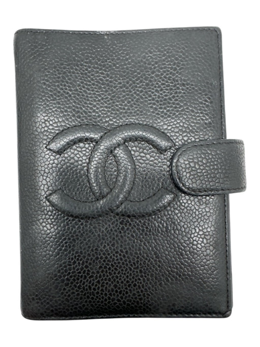 Chanel Black Caviar Leather Snap Closure binder rings Agenda Wallets Black