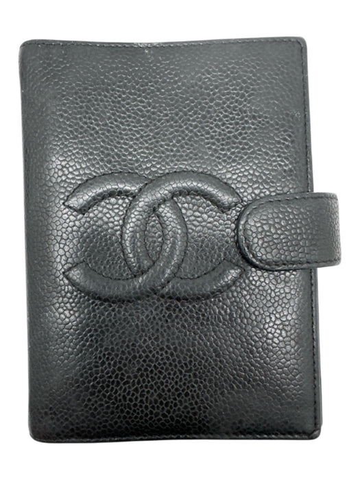 Chanel Black Caviar Leather Snap Closure binder rings Agenda Wallets Black