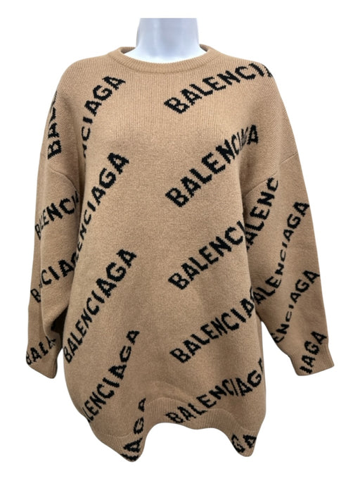 Balenciaga Size S Tan Brown & Black Wool Crewneck Logo Long Sleeve Sweater Tan Brown & Black / S
