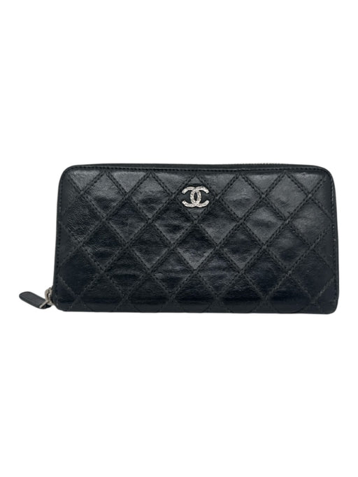 Chanel Black Leather Quilted Zip Around SHW Wallets Black