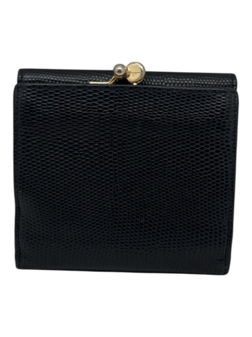 Ferragamo Black Lizard Leather GHW Snap Kiss Lock Wallets Black