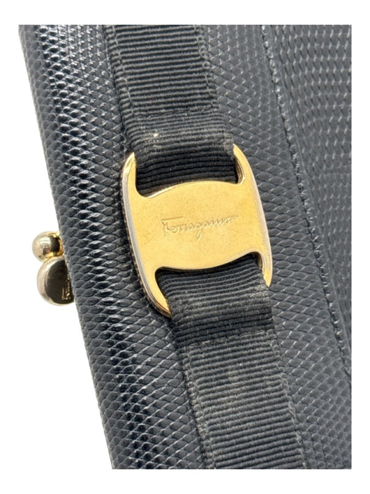 Ferragamo Black Lizard Leather GHW Snap Kiss Lock Wallets Black