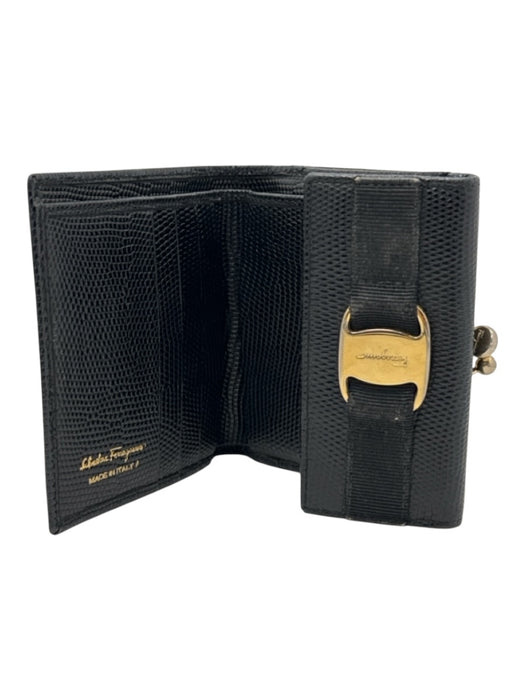 Ferragamo Black Lizard Leather GHW Snap Kiss Lock Wallets Black
