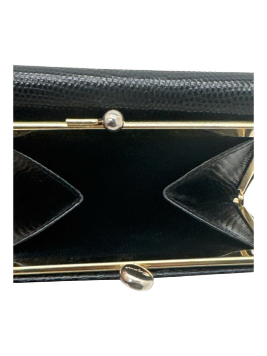 Ferragamo Black Lizard Leather GHW Snap Kiss Lock Wallets Black