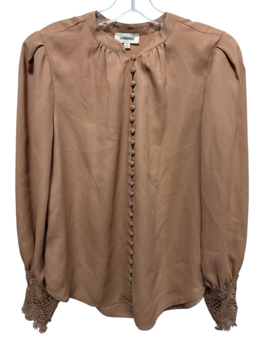 L'agence Size L Light Brown Polyester Long Bishop Sleeve Buttons Top Light Brown / L