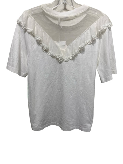 Chloe Size M White Cotton Short Sleeve Lace Detail Ruffles Top White / M