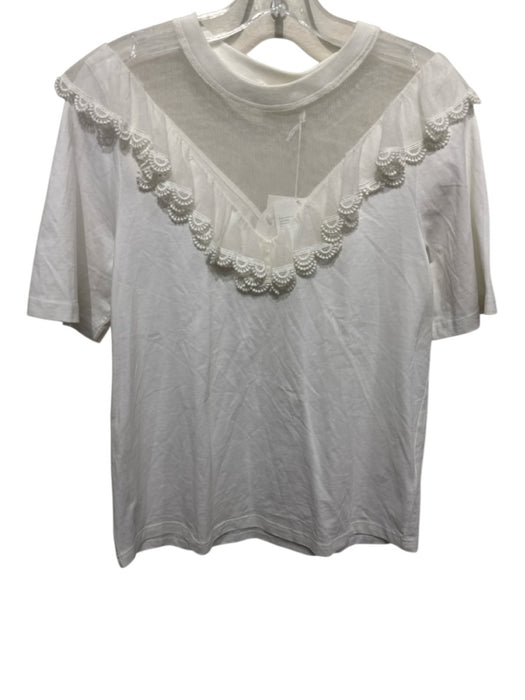 Chloe Size M White Cotton Short Sleeve Lace Detail Ruffles Top White / M