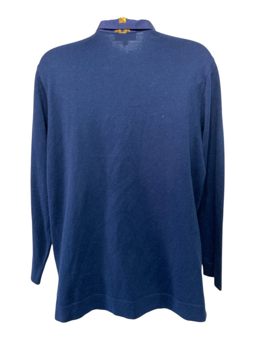Hermes Size S Navy Blue & Yellow Silk & Cotton 3/4 Sleeve Key 1/4 Button Top Navy Blue & Yellow / S