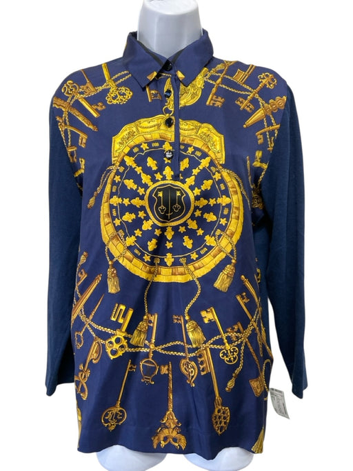 Hermes Size S Navy Blue & Yellow Silk & Cotton 3/4 Sleeve Key 1/4 Button Top Navy Blue & Yellow / S