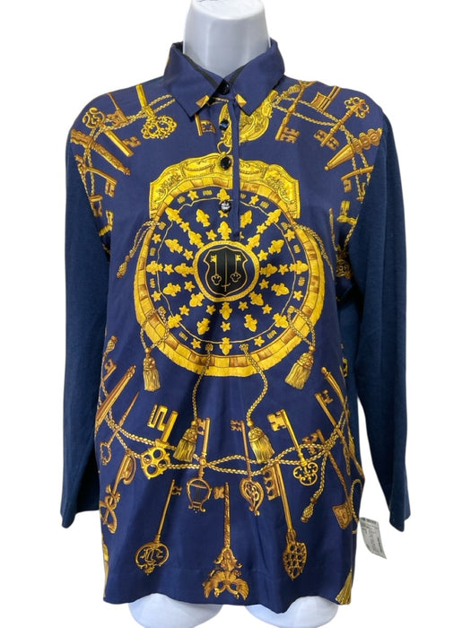 Hermes Size S Navy Blue & Yellow Silk & Cotton 3/4 Sleeve Key 1/4 Button Top Navy Blue & Yellow / S