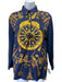 Hermes Size S Navy Blue & Yellow Silk & Cotton 3/4 Sleeve Key 1/4 Button Top Navy Blue & Yellow / S