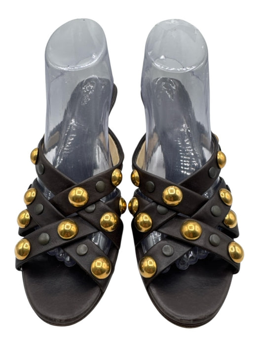 Gucci Shoe Size 40 Dark Brown & Bronze Leather Peep Toe Studs High Heel Sandals Dark Brown & Bronze / 40