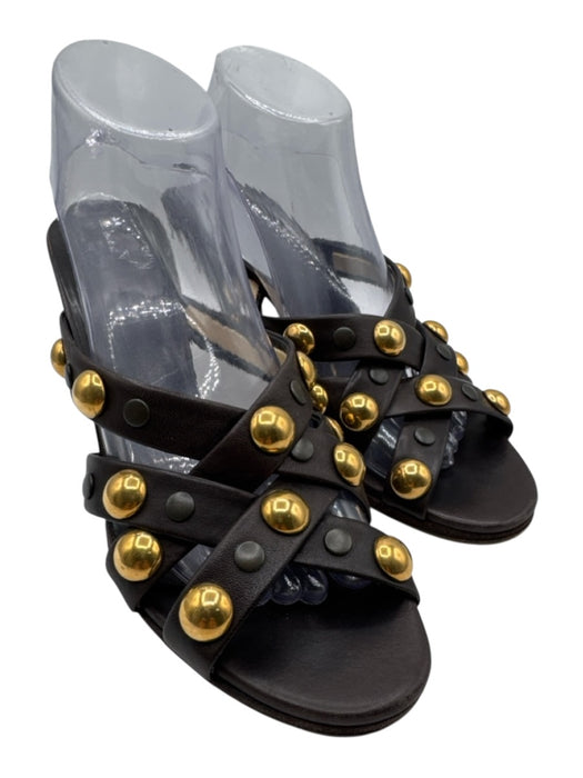 Gucci Shoe Size 40 Dark Brown & Bronze Leather Peep Toe Studs High Heel Sandals Dark Brown & Bronze / 40