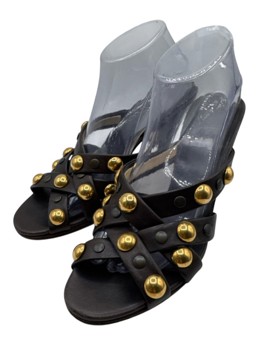 Gucci Shoe Size 40 Dark Brown & Bronze Leather Peep Toe Studs High Heel Sandals Dark Brown & Bronze / 40