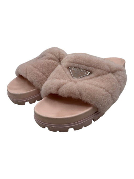Prada Shoe Size 41 Light Pink Faux Shearling Mule Slide Logo Sandals Light Pink / 41