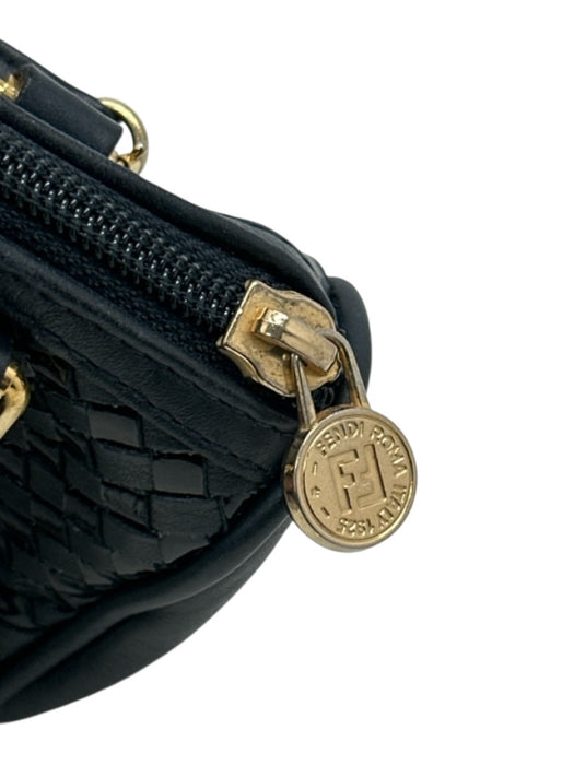 Fendi Navy Blue Leather & Patent Leather Basket Weave Zip Top Crossbody Bag Navy Blue / Mini