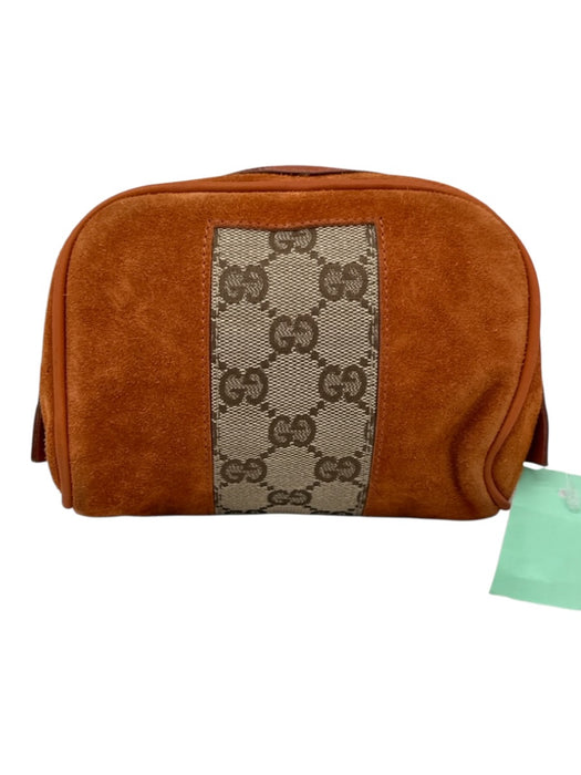 Gucci Orange & Beige Suede & Canvas Zip Top Fabric Block Pouch Bag Orange & Beige / Mini