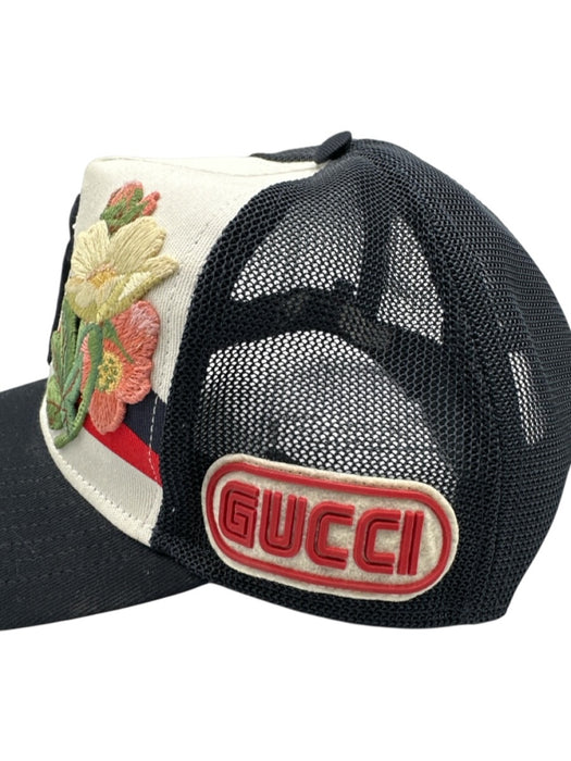 Gucci Navy Blue, Red, White Cotton & Polyamide Floral Embroidered Stripe Hat Navy Blue, Red, White