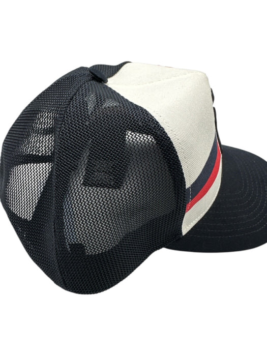Gucci Navy Blue, Red, White Cotton & Polyamide Floral Embroidered Stripe Hat Navy Blue, Red, White
