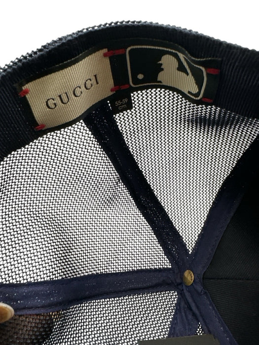 Gucci Navy Blue, Red, White Cotton & Polyamide Floral Embroidered Stripe Hat Navy Blue, Red, White