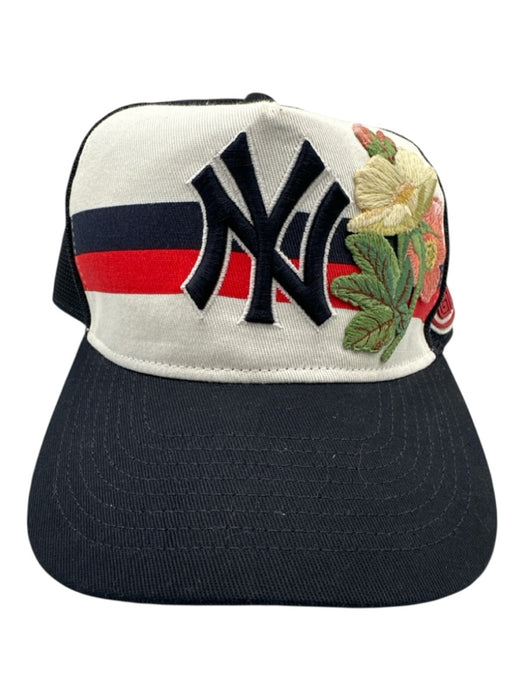 Gucci Navy Blue, Red, White Cotton & Polyamide Floral Embroidered Stripe Hat Navy Blue, Red, White