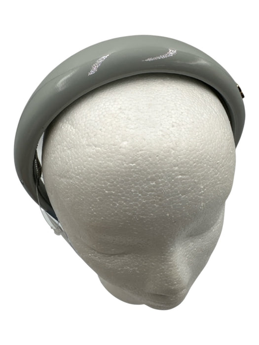 Miu Miu Light Gray Patent Leather Grosgrain Ribbon Gold Logo Puff Headband Light Gray