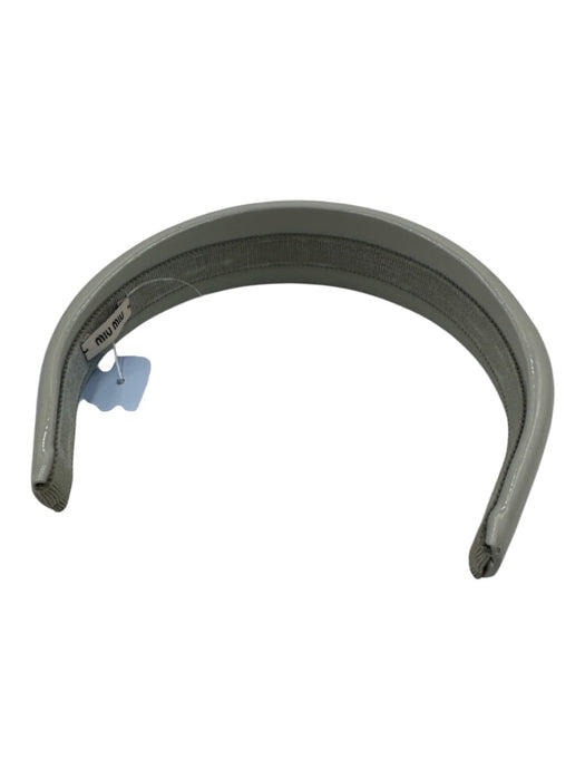 Miu Miu Light Gray Patent Leather Grosgrain Ribbon Gold Logo Puff Headband Light Gray