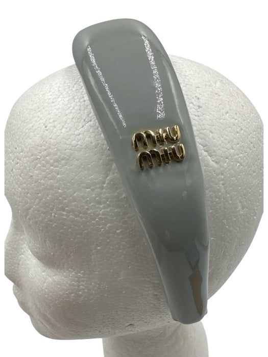 Miu Miu Light Gray Patent Leather Grosgrain Ribbon Gold Logo Puff Headband Light Gray