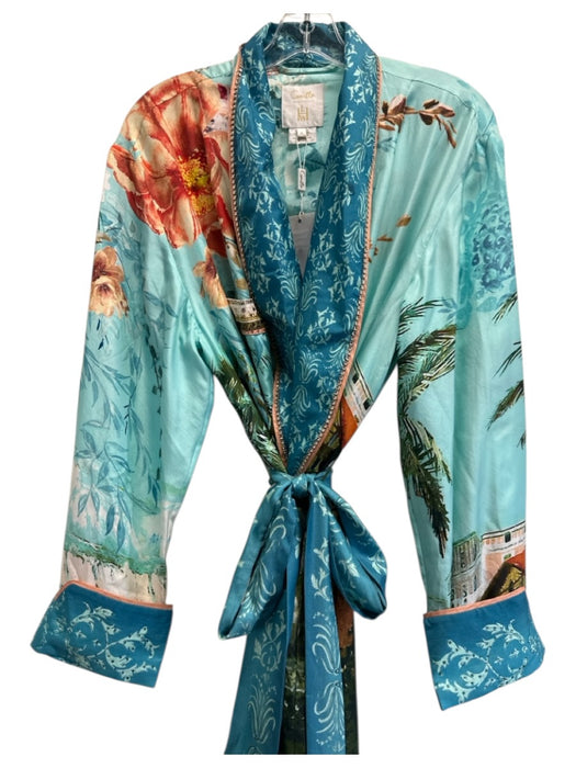 Camilla Size M Blue, Orange, Multi Silk Long Sleeve Scenery Rhinestone Wrap Robe Blue, Orange, Multi / M