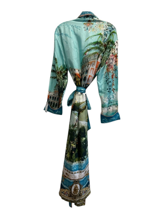 Camilla Size M Blue, Orange, Multi Silk Long Sleeve Scenery Rhinestone Wrap Robe Blue, Orange, Multi / M