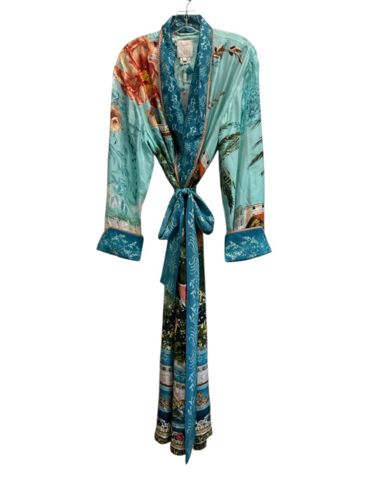 Camilla Size M Blue, Orange, Multi Silk Long Sleeve Scenery Rhinestone Wrap Robe Blue, Orange, Multi / M