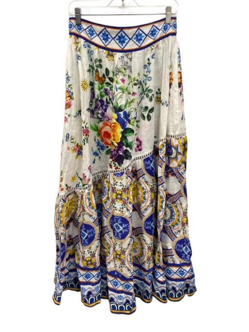 Camilla Size M Blue, Yellow, White Linen Elastic Waist Floral Print Maxi Skirt Blue, Yellow, White / M
