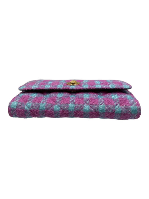 Versace Purple & Blue Wool & Lurex Magnetic  Flap Tartan Plaid Gold Hardware Bag Purple & Blue / S