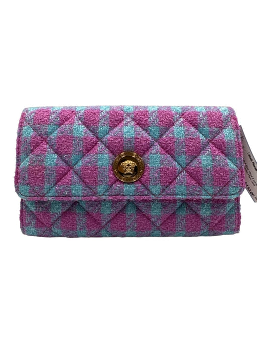 Versace Purple & Blue Wool & Lurex Magnetic  Flap Tartan Plaid Gold Hardware Bag Purple & Blue / S