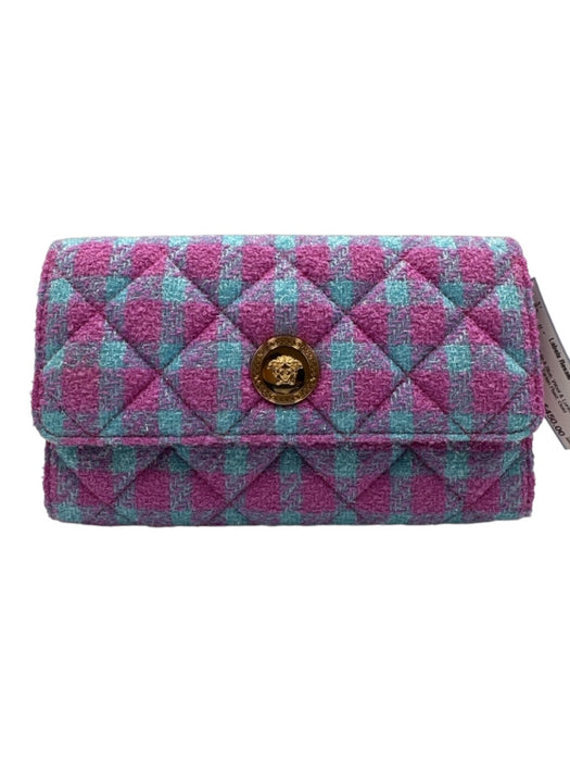 Versace Purple & Blue Wool & Lurex Magnetic  Flap Tartan Plaid Gold Hardware Bag Purple & Blue / S