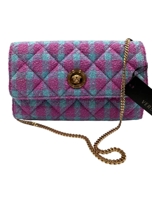 Versace Purple & Blue Wool & Lurex Magnetic  Flap Tartan Plaid Gold Hardware Bag Purple & Blue / S