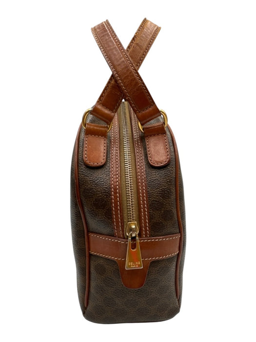 Celine Cognac & Brown Coated Canvas Top Handles Brass Hardware Zip Top Bag Cognac & Brown / S